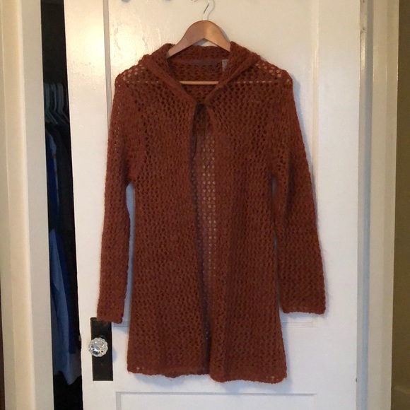 Rust Colored Hooded Mid-length Cardigan Sweater - Picture 1 of 5